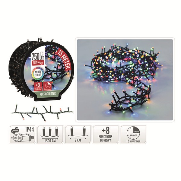 Microcluster luz multicolor. 750 leds. 15 m. Para arboles 180 cm.